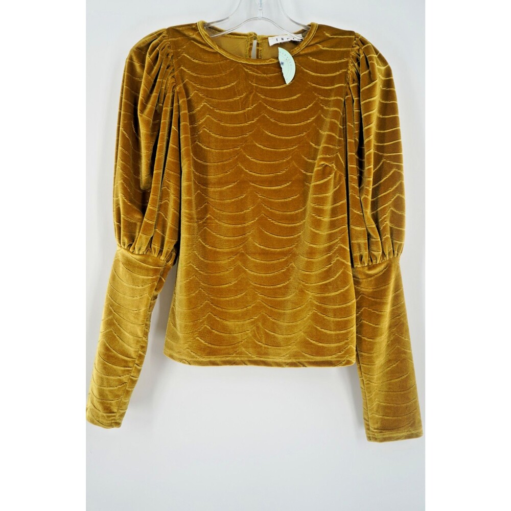 THML Gold Velvet Puff Sleeve Blouse Ruffle Smocked Neck Scallop Pattern Sz S NWT